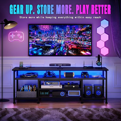 Korfile TV Stand for 60/65/70 inch TV, 63 in Gaming Entertainment Center with LED Lights and Power Outlets, TV Console Table with Open Shelves for Living Room and Bedroom, Black