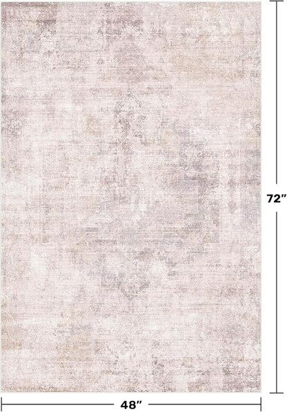 Hazo Haus Washale Modern Bedroom 4x6 Area Rugs - Pink and Grey Rug for Living Room, Kitchen, Non Slip & Soft, Medallion Distressed Print Pattern