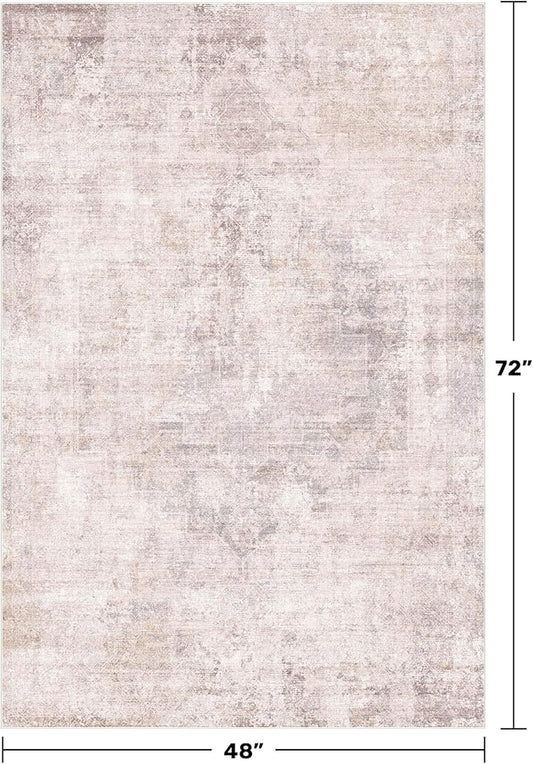 Hazo Haus Washale Modern Bedroom 4x6 Area Rugs - Pink and Grey Rug for Living Room, Kitchen, Non Slip & Soft, Medallion Distressed Print Pattern