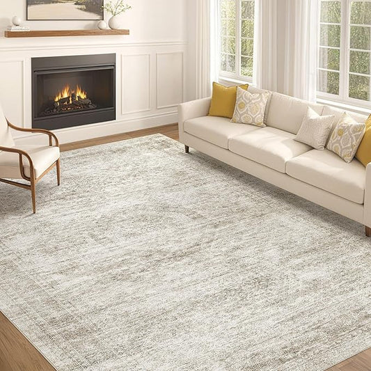 EIEIHOUSE Washable Area Rugs for Living Room -10x12 Neutral Vintage Distressed Floral Farmhouse Boho Large Soft Floor Rug Indoor Non Slip Carpet for Living Room Bedroom Dining Room Office - Beige