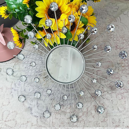 Uaussi 3 Pack Crystal Sunburst Wall Mirror Décor Rhinestone Mirrors Decorative Home Wall Art for Living Room Bedroom Entryway(Crystals Silver)