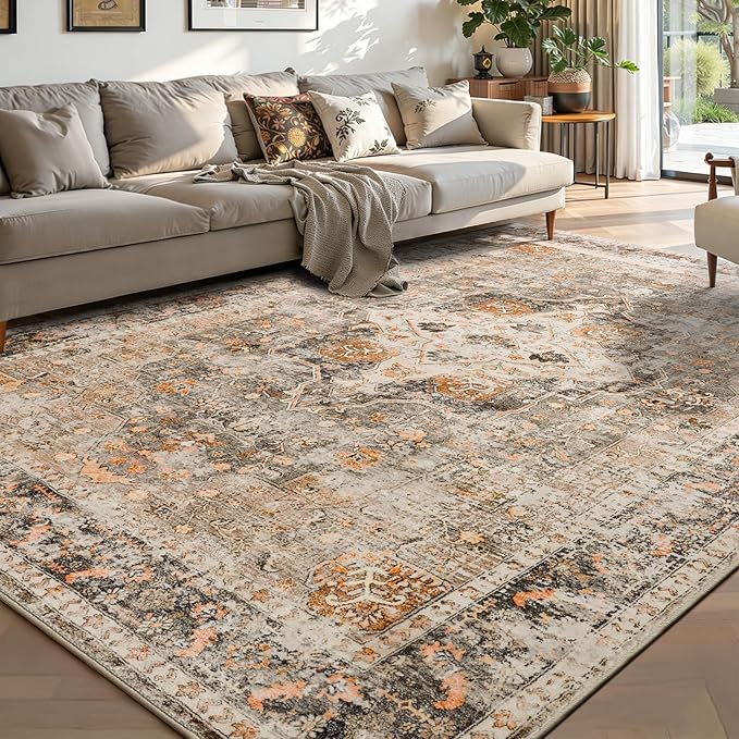 YOH Boho Washable Rug 5x7, Terracotta Vintage Non Slip Area Rug, Distressed Indoor Carpet for Living Room Bedroom Kitchen Office