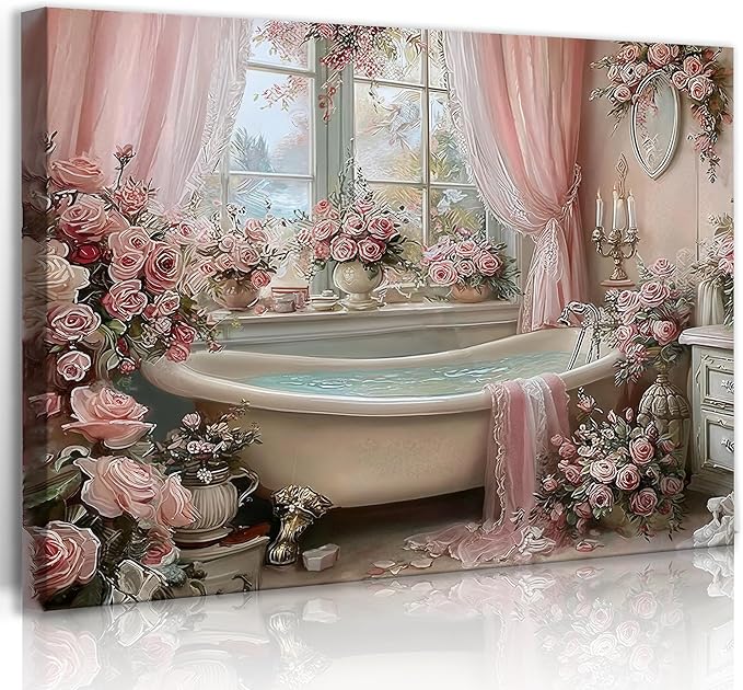 Frimeeme Pink Bathroom Wall Decor, Pink Roses Bathtub Print, Luxury Floral Bathroom Decor, 12x16 Inches