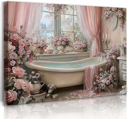 Frimeeme Pink Bathroom Wall Decor, Pink Roses Bathtub Print, Luxury Floral Bathroom Decor, 12x16 Inches