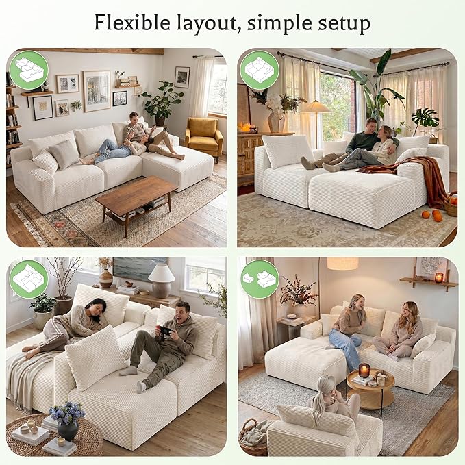 Homkdom L-Shaped Cloud Boneless Couch with Deep Seat, Modular Sectional Sofa with Oversized Chaise, 6 Layouts Combination for Living Room, Apartment, No Assembly (White, Right Chaise)