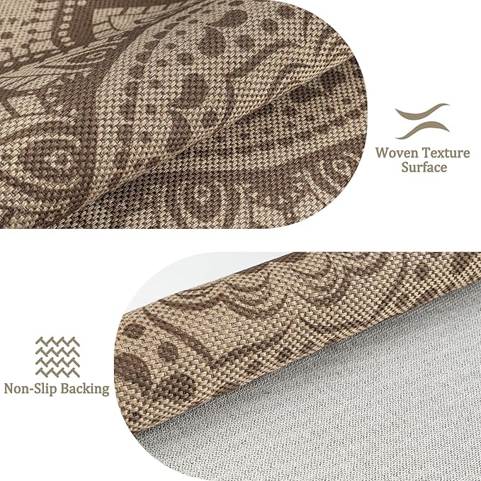 Easy Jute Outdoor Round Rug, 5ft Washable Indoor Outdoor Patio Rug, Brown Non Slip Round Area Rug Farmhouse, Boho Carpet for Backyard Patio