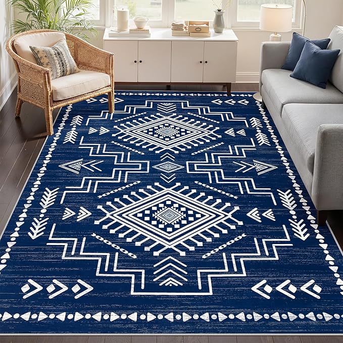 Joydeco Moroccan Rug 8x10 for Living Room, Navy Blue Washable Area Rugs for Bedroom, Low Pile Western Modern Carpet for Dining Room Table, Distressed Aztec Soft Carpet for Office Home Decor