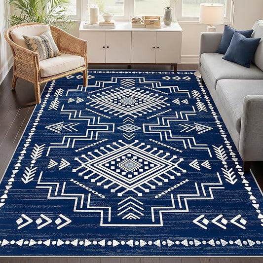 Joydeco 5x7 Moroccan Living Room Rugs, Navy Blue Washable Modern Bedroom Rug, Western Low Pile Non Shedding Distressed Aztec Dining Room, Aztec Soft Non Slip Carpet for Office Home Decor