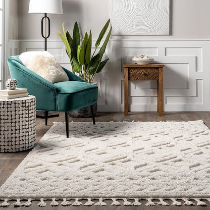 Nuloom Akia Cream/Ivory, 9' x 12', Geometric Lattice, Tasseled, Soft and Textured, High Traffic, Stain Resistant, Durable Area Rug for Bedroom, Living Room, Dining Space, Den, Foyer, Entryway