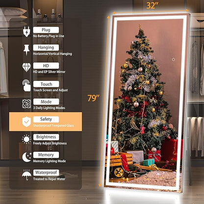 Hasipu Full Length Mirror with Lights, 79" x 32" LED Lighted Floor Standing, Full Body Dressing Hanging Mounted Mirror, Tempered Glass, Square Black