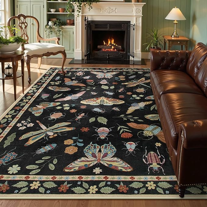 Lahome Insect Washable Rugs for Living Room, Soft Area Rug 6x9 Rug for Bedroom Ultra-Thin Non Slip Dining Room Rug, Stain Resistant Black Rug Large Carpet for Office Nursery Vionnet(6'x9',Black)