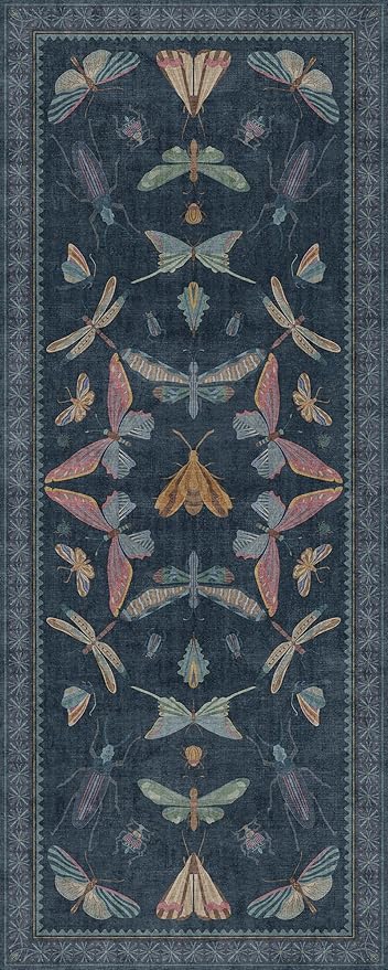 Vintage Navy Blue 2x5 Runner Rug, Washable Insect Carpet for Bathroom, Kitchen Floor & Hallway, Soft Low Pile Non Slip Bedroom Rug with Rubber Backing