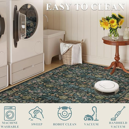 DUKINO 6x9 Rugs for Living Room, Vintage Washable Rug with Non Slip Backing, Floral Low Pile & Non-Shedding Large Area Carpets for Bedroom, Dining Room, Farmhouse, Home Office, Blue