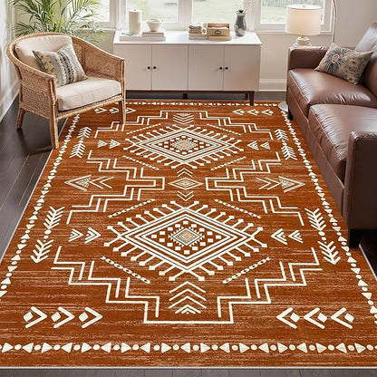 Joydeco Moroccan 5x7 Area Rugs for Living Room, Washable Bedroom Western Area Rug, Low Pile Soft Burnt Orange Carpet, Stain Resistant Distressed Fall Rug Aztec Carpets for Dining Room