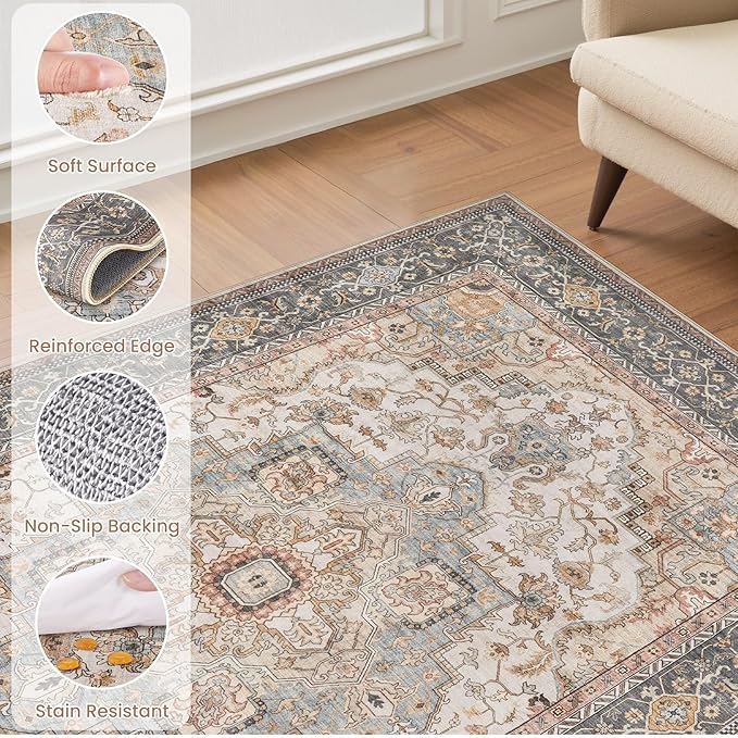 Washable Area Rugs for Living Room -10x13 Neutral Vintage Distressed Floral Farmhouse Boho Large Soft Floor Rug Indoor Non Slip Carpet for Living Room Bedroom Dining Room Office - Forest Green Orange