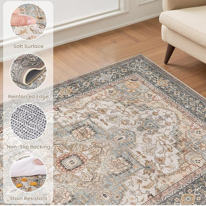Washable Area Rugs for Living Room -10x13 Neutral Vintage Distressed Floral Farmhouse Boho Large Soft Floor Rug Indoor Non Slip Carpet for Living Room Bedroom Dining Room Office - Forest Green Orange