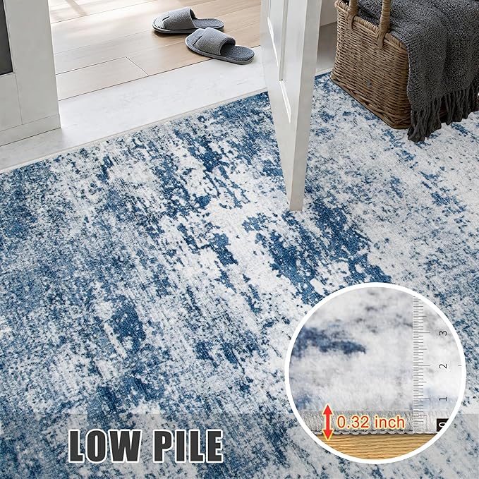 Round Area Rug for Living Room: 5 ft Washable Modern Abstract Soft Thin Rug Indoor Floor No Slip Stain Resistant Carpet for Bedroom Dining Room Farmhouse Nursery Home Office - Blue