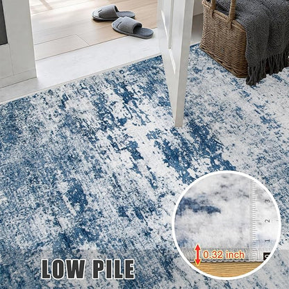 4x4 Area Rug Living Room Rug: Washable Modern Abstract Soft Thin Rug Indoor Floor No Slip Stain Resistant Carpet for Bedroom Dining Room Farmhouse Nursery Home Office - Blue
