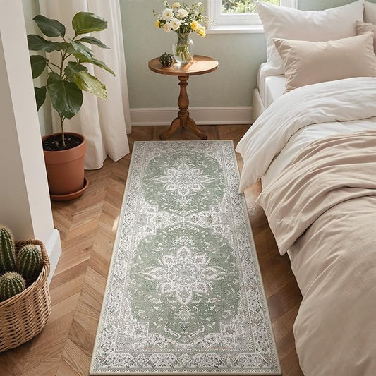 GENIMO 2X6 Washable Vintage Runner Rug for Hallway, Non-Slip Low Pile Chenille Print Rug, Soft Rugs for Indoor Entryway Kitchen Corridor, Sage & Linen