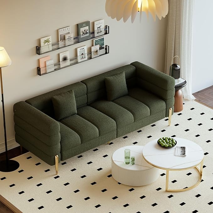 homary Boucle Sofa 79”, Modern 3 Seater Couch with Pillows, Deep Seat Upholstered Sofa for Living Room, Soft Channel-Tufted Design, Solid Wood Frame & Metal Legs(Boucle, Evergreen)