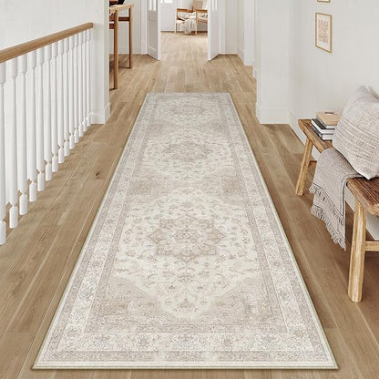 PureCozy Beige Runner Rug 2x5 Washable Vintage Carpet Hallway Kitchen Soft Retro Low Pile Thin Indoor Bedroom Non Slip Oriental Medallion Long Throw Rug for Bathroom Laundry Dining Room