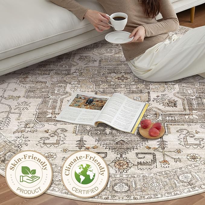 6x6 Round Area Rugs Washable Vintage - Soft Traditional Rugs for Living Room Large Non Slip Backing with Low Pile Farmhouse Oriental Retro Carpet for Bedroom Dining Room or Home Office - Light Brown
