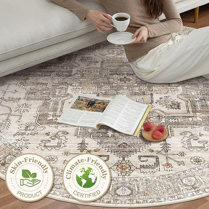 6x6 Round Area Rugs Washable Vintage - Soft Traditional Rugs for Living Room Large Non Slip Backing with Low Pile Farmhouse Oriental Retro Carpet for Bedroom Dining Room or Home Office - Light Brown