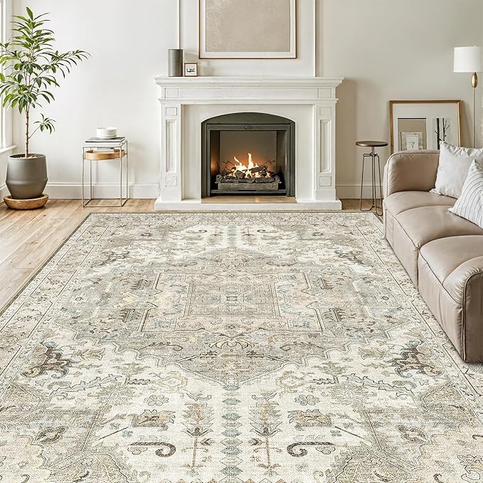 8x10 Area Rugs for Living Room Washable Non Slip Vintage Rug for Bedroom Large Stain Resistant Neutral Farmhouse Indoor Floor Carpet Dining Room Home Office Decor (Brown/Ivory,8'x10')