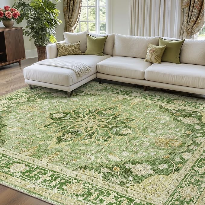 RELEANY Area Rugs 8'x10' Washable Non-Slip, Floral Vintage Distress Print Pattern Medallion Carpet for Living Room Bedroom Dining Room, Sage Green Yellow