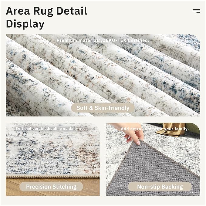 Soalmost 7x10 Area Rug for Living Room Washable Abstract Vintage Soft Thin Indoor Floor Non-Slip Carpet for Bedroom Dining Room Blue Ivory