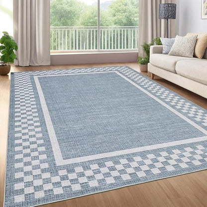 GarveeHome Washable Area Rug 4x6 Small Living Room Rugs Modern Bordered Soft Dining Room Throw Carpet Low Pile Non Slip Checkered Bedroom Rug Geometric Carpet for Nursery Kitchen Home Office, Blue