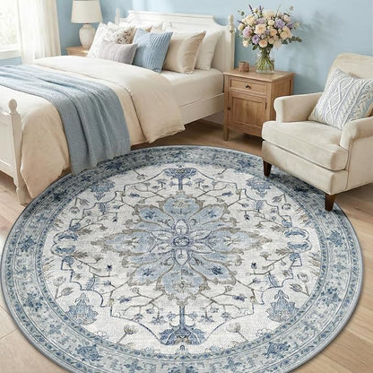 RELEANY Area Rugs Round 6ft Washable Non-Slip, Floral Vintage Distress Print Pattern Medallion Carpet for Living Room Bedroom Dining Room, Light Blue Navy Beige Gray White