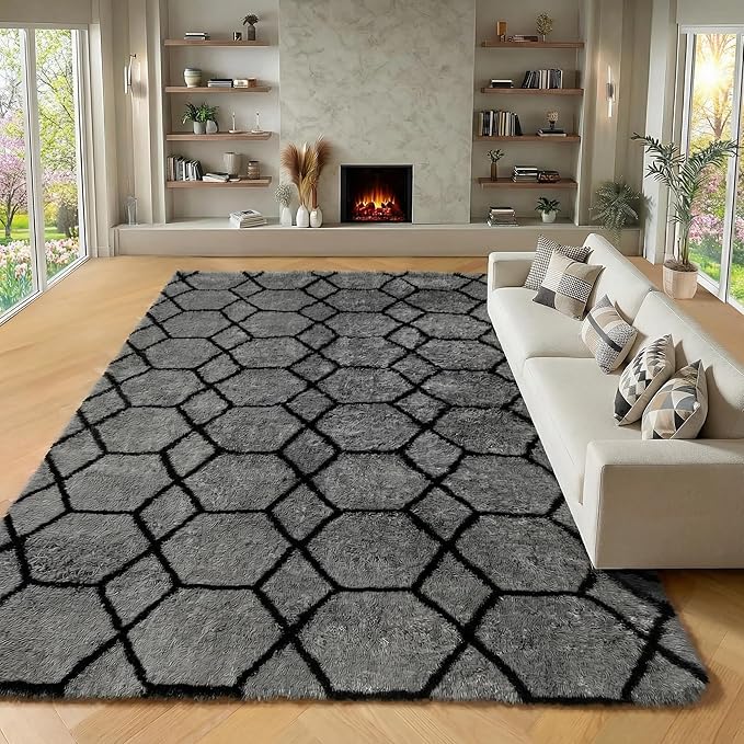 ONASAR 8x10 Area Rugs for Living Room, Fluffy Grey and Black Bedroom Rug, Geometric Boho Large Soft Plush Shaggy Fuzzy Floor Carpet for Nursery Kids Classroom Playroom Dorm Home Decor