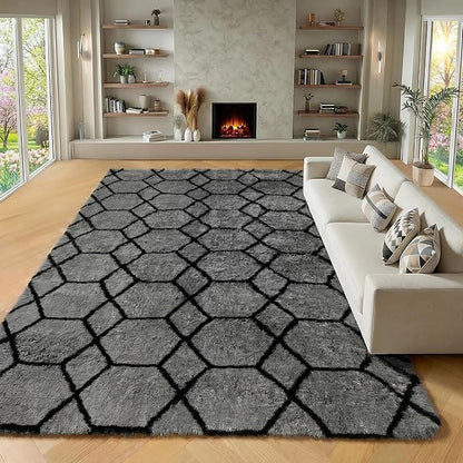 ONASAR 8x10 Area Rugs for Living Room, Fluffy Grey and Black Bedroom Rug, Geometric Boho Large Soft Plush Shaggy Fuzzy Floor Carpet for Nursery Kids Classroom Playroom Dorm Home Decor