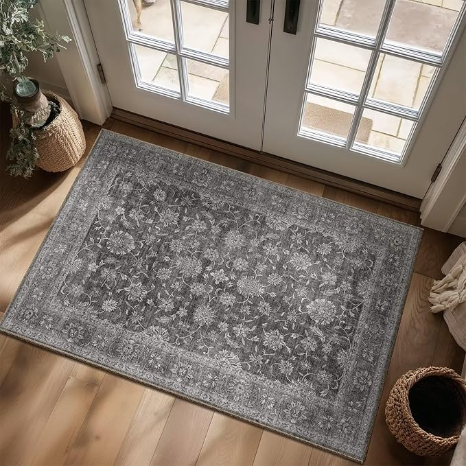 Washable 3x5 Entryway Rug, Boho Non-Slip Vintage Distress Small Rugs for Kitchen Nursery Office Bedroom, 0.3" Neutral Oriental Throw Thin Carpet with Cushioning Pad, Grey/Multi, E3
