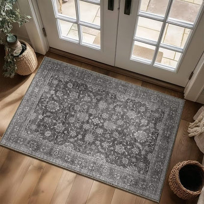 Washable 3x5 Entryway Rug, Boho Non-Slip Vintage Distress Small Rugs for Kitchen Nursery Office Bedroom, 0.3" Neutral Oriental Throw Thin Carpet with Cushioning Pad, Grey/Multi, E3