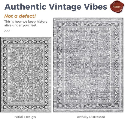 OPPODREAM Vintage Grey 2x12 Runner Rug, 2 x 12 Retro Washable Rug Non Slip, Low-Pile Faux Wool Carpet, Distressed Gray Floor Mat for Kitchen, Hallway, Entry-Way, Entrance, Indoor Back Door