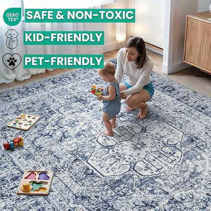 Bloom Rugs Washable Non-Slip 8' x 10' Rug - Ivory/Denim Blue Traditional Medallion Area Rug for Living Room, Bedroom, Dining Room, and Kitchen - Exact Size: 8' x 10'