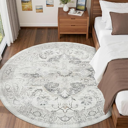 Washable 6ft Round Area Rug - Vintage Non-Slip Circle Rugs for Living Room, Low-Pile Stain Resistant Round Indoor Carpet for Bedroom Dining Room Ivory/Gray