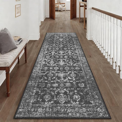 3x8 Black Runner Rug Hallway Washable Area Rugs Kitchen Vintage Boho Non Slip Long Rug Floral Carpet Indoor Retro Soft Low Pile Throw Rug for Bedroom Bathroom Laundry Dining Living Room Office