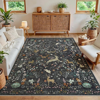 5x7 Area Rugs Washable Rug: Lagre Boho Living Room Rug Soft Non-Slip Thin Carpet Indoor Floor Non-Shedding Neutral Floral Carpets for Bedroom Dining Room Farmhouse Nursery Black