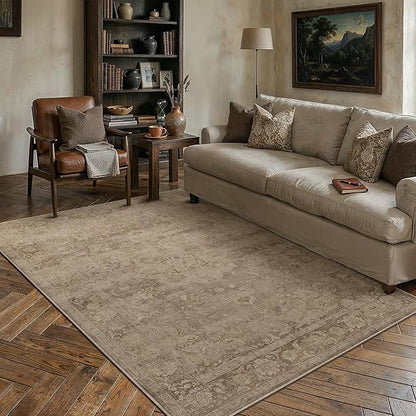PureCozy Brown Area Rug 5x7 Washable Vintage Living Room Office Carpet Non Slip Soft Low Pile Distressed Medallion Indoor Floor Retro Throw Rug for Kitchen Bedroom Dining Room
