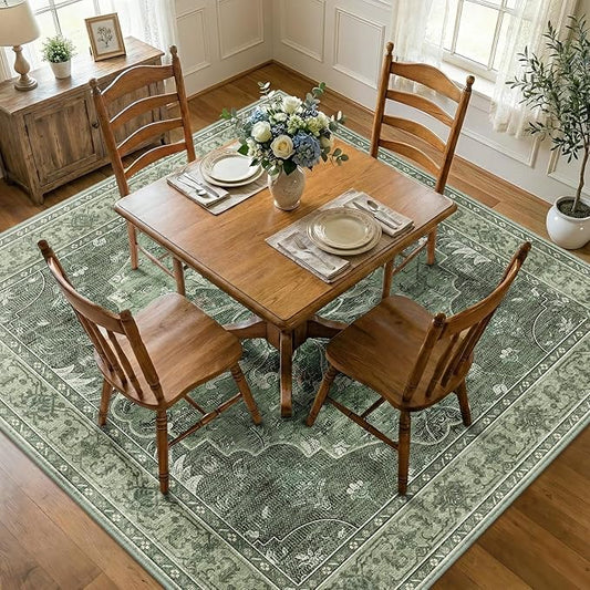 RELEANY Area Rugs Square 7ft Washable Non-Slip, Floral Vintage Distress Print Pattern Medallion Carpet for Living Room Bedroom Dining Room, Dark Green Gray