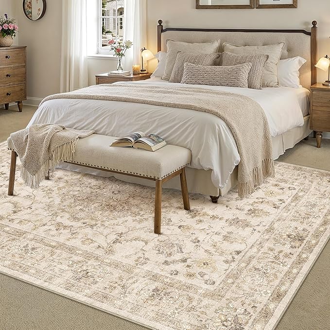 PureCozy 5x7 Beige Area Rug Washable Living Room Vintage Carpet Bedroom Distressed Non Slip Low Pile Thin Dining Room Office Medallion Accent Throw Rug
