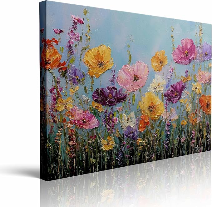 Impasto Wildflower Meadow Canvas Wall Art Framed Oil Painting Vibrant Poppies in Sunny Yellow Pink Purple Thick Textured Brushstrokes Bright Wall Decor Artwork for Living Room Bedroom 12x16 Inches
