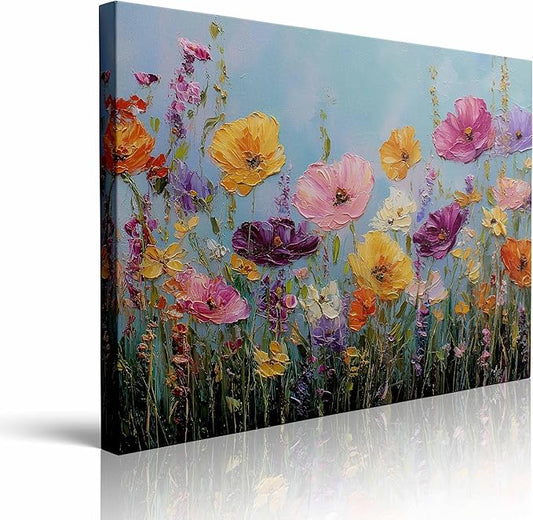 Vibrant Wildflower Poppy Canvas Wall Art Framed Painting Bold Impasto Style Bright Yellow Pink Orange Blooms Textured 3D Effect Cheerful Wall Decor Artwork for Bedroom Office 16x24 Inches