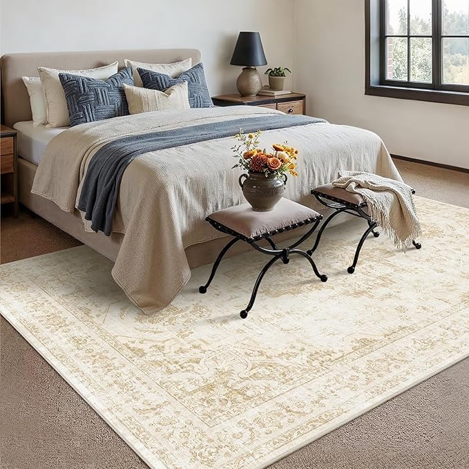6x9 Vintage Washable Area Rugs Boho Medallion Large Distressed Retro Accent Carpet Floral Non-Slip Soft Low Pile Indoor Throw Rug for Living Room Bedroom Dining Room Office Kitchen, Beige