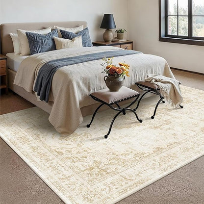 5x7 Vintage Washable Area Rugs Boho Medallion Large Distressed Retro Accent Carpet Floral Non-Slip Soft Low Pile Indoor Throw Rug for Living Room Bedroom Dining Room Office Kitchen, Beige