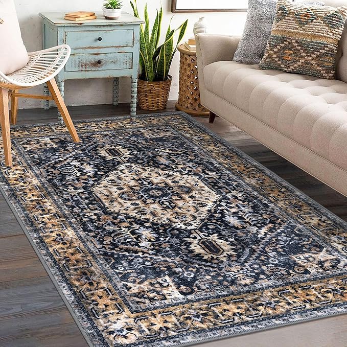 KOZYFLY Boho Area Rug 3x5 Ft Rugs for Entryway Washable Entry Rug Non Slip Door Mat Indoor Entrance Gold/Orange/Navy Printed Faux Wool Vintage Kitchen Rug Throw Rugs for Entrance