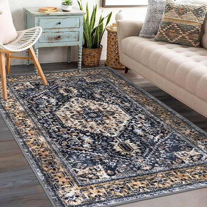 KOZYFLY Boho Area Rug 3x5 Ft Rugs for Entryway Washable Entry Rug Non Slip Door Mat Indoor Entrance Gold/Orange/Navy Printed Faux Wool Vintage Kitchen Rug Throw Rugs for Entrance